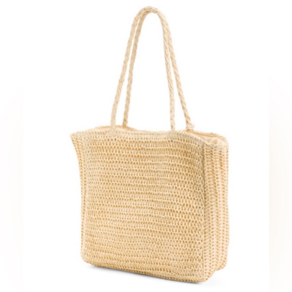 NEW Studio Collection Rattan Straw Tote Bag Purse Orange Charm Natural 18" x 14" - Picture 2 of 11